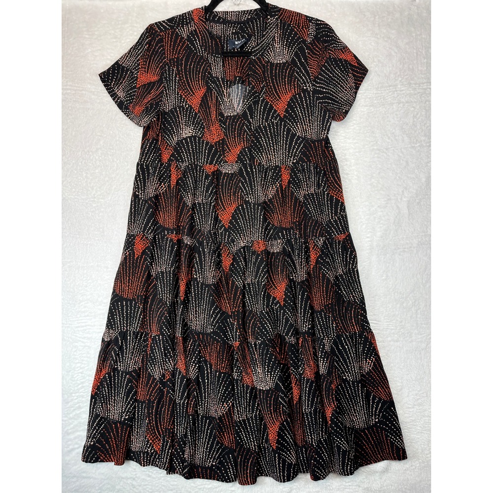 Maeve Anthropologie Tiered Midi Dress Womens Small Black Orange Fan Print